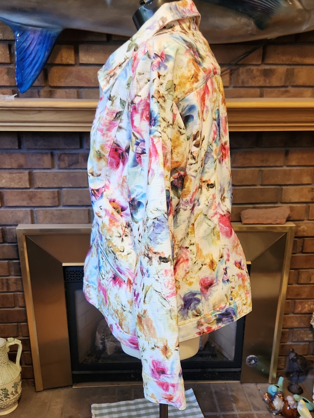 Christopher & Banks White Pink Blue Floral Zip-Front Jacket XL Spring Church - Picture 6 of 12
